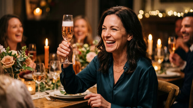 A mature woman laughing and holding a glass of champagne during a festive dinner party with friends in a warm, candlelit dining room