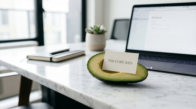 Avocado half with a card saying the core idea on a marble desk in a modern office workspace with a laptop and succulent plant