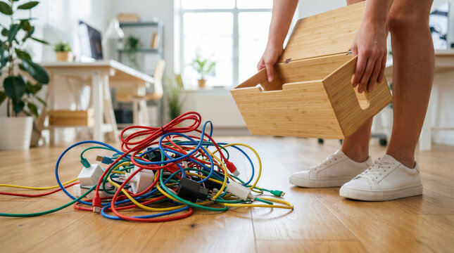 Person holding a wooden box over a tangled pile of colorful charging cables and power adapters on a wooden floor in a home office