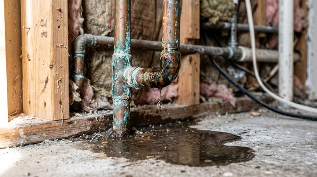 Leaking copper pipe with corrosion and water dripping onto a concrete floor in an unfinished wall frame