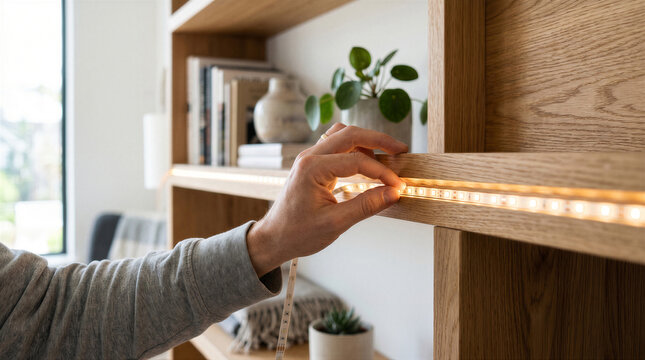 Closeup of a person installing warm led strip lights under a wooden shelf in a modern home interior
