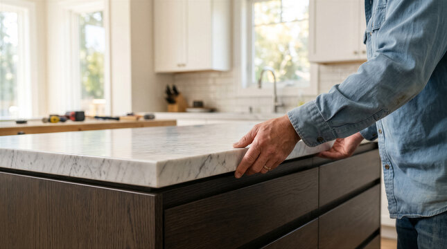Closeup of a mans hand touching a marble kitchen island countertop in a modern home renovation project
