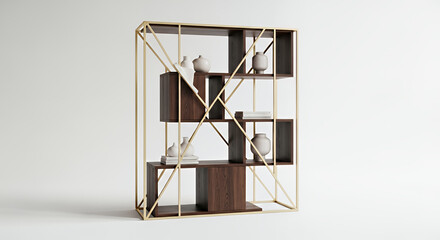 Naklejka premium modern geometric bookshelf with gold frame and dark wood elements 