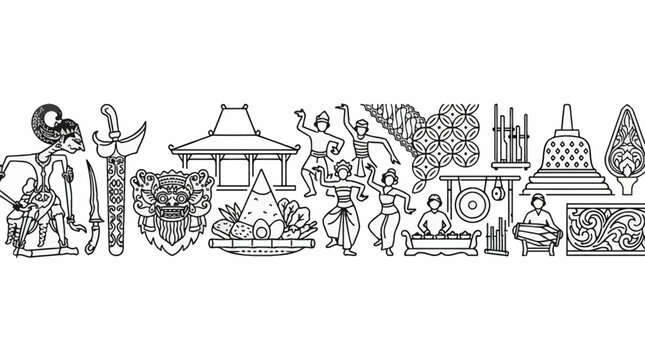 Indonesian Culture Icons Seamless Banner Line Art Illustration.