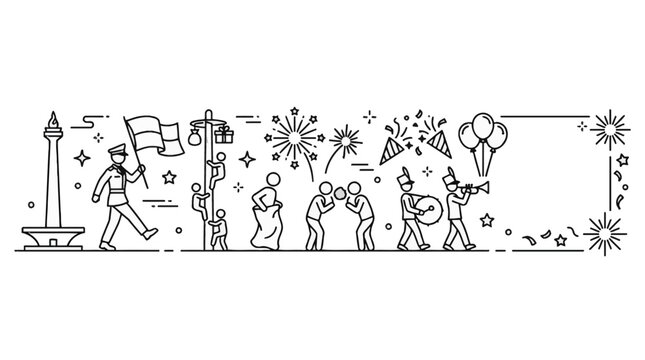 Indonesian Independence Day celebration hand drawn line art illustration.