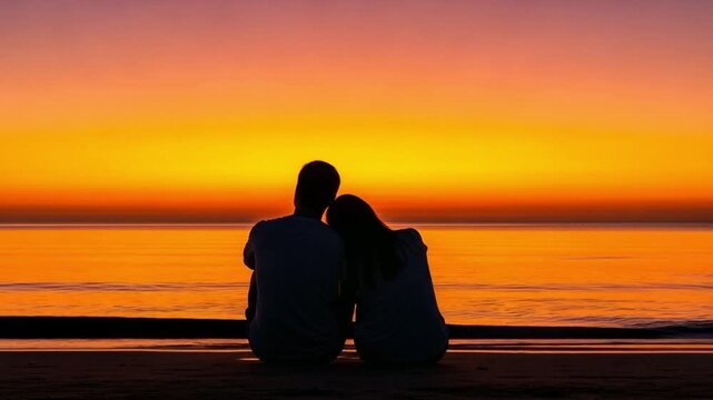 Romantic couple sitting on beach at sunset silhouette, young man and woman embracing by ocean during golden hour