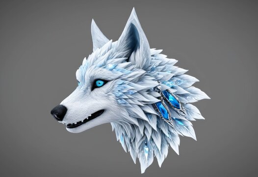 Beautiful white wolf side profile illustration with blue eyes and ice crystal ornaments