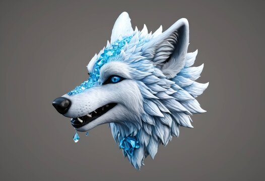 Beautiful white wolf side profile illustration with blue eyes and ice crystal ornaments