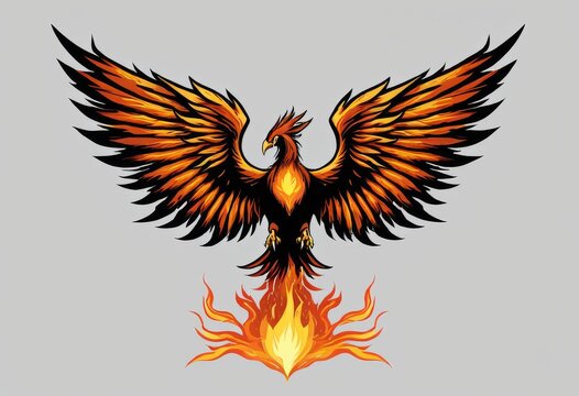 Powerful illustration of a burning phoenix spreading its wings wide