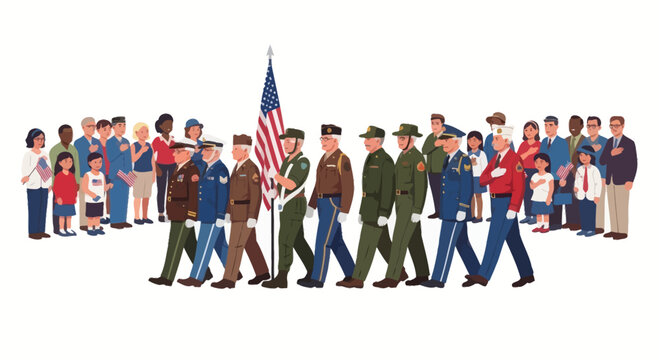 Veterans Marching with American Flag in Parade, Diverse Crowd Watching
