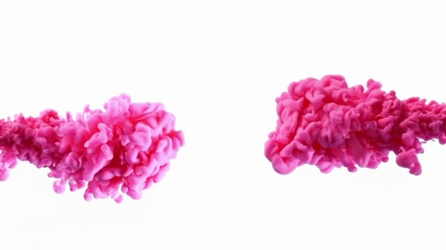Two streams of ink move slowly towards each other until they finally collide and mix in the middle, creating a dynamic abstract cloud formation.