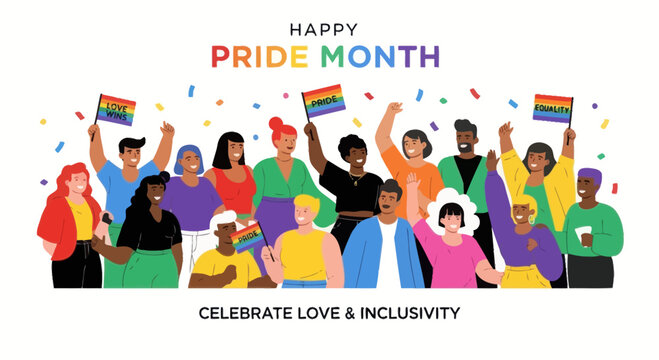 Happy Pride Month Diverse People Celebrate Love and Inclusivity with Rainbow Flags