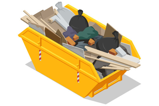 isometric yellow skip dumpster filled with construction debris and trash, representing bulk waste disposal, renovation cleanup, industrial container use and municipal sanitation concept