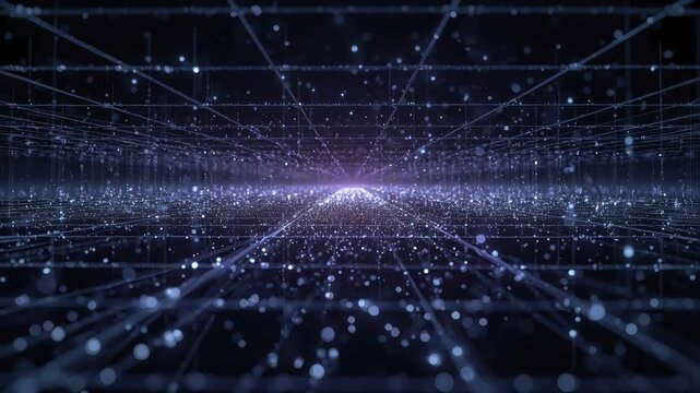 Digital data grid with glowing particle horizon and depth glowing particles horizon evoking