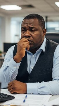 Stressed Black Businessman Biting Nails at Office Desk, Workplace Anxiety and Imposter Syndrome