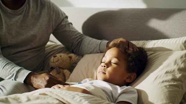 Diverse adult in muted loungewear gently comforts a child resting with teddy bear in a cozy modern bedroom, soft golden light, bokeh. Concept of compassionate family bond