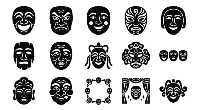 Collection of diverse traditional masks representing various emotions and characters, presented in a graphic illustration style.