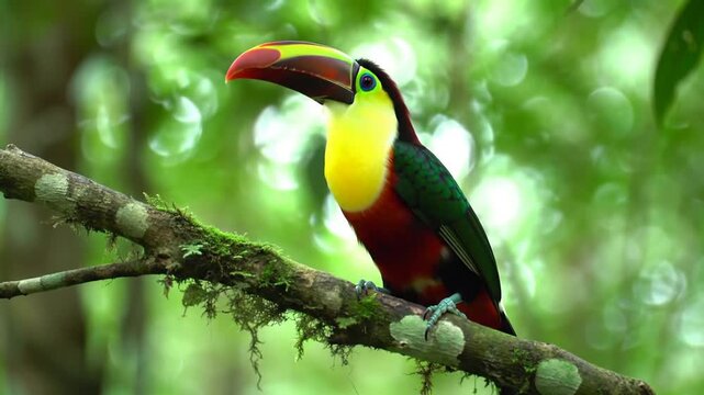 Keel-billed toucan perched on mossy branch in rainforest.