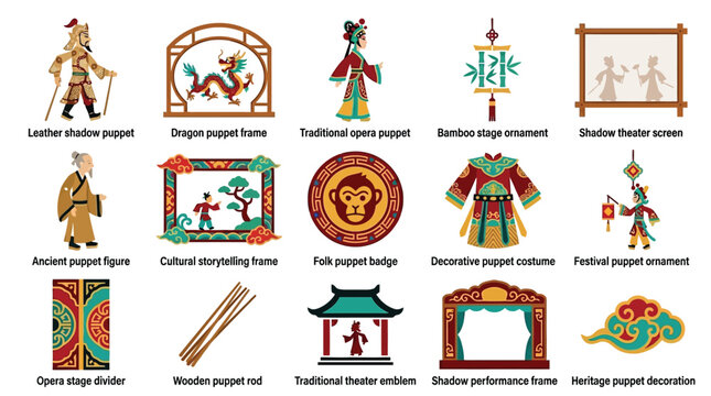 Collection of traditional Chinese puppet show elements and cultural symbols.