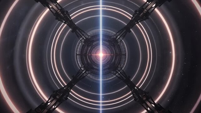 Futuristic orbital space station core with glowing central reactor and radial energy beams emitting