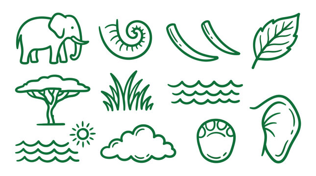 Collection of hand-drawn safari and nature icons in green outline style.