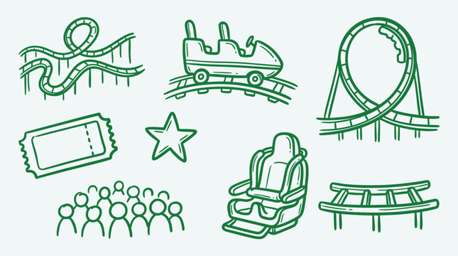 Collection of hand-drawn doodle icons representing amusement park attractions and elements like roller coasters, tickets, and crowds.