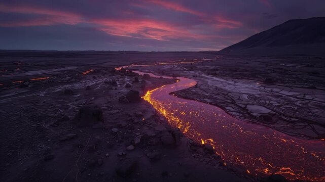 Glowing lava river winding through volcanic plain at twilight under dramatic purple sky molten rock