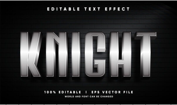 Editable knight 3d text effect template with bold silver chrome metallic letters on dark brick wall background