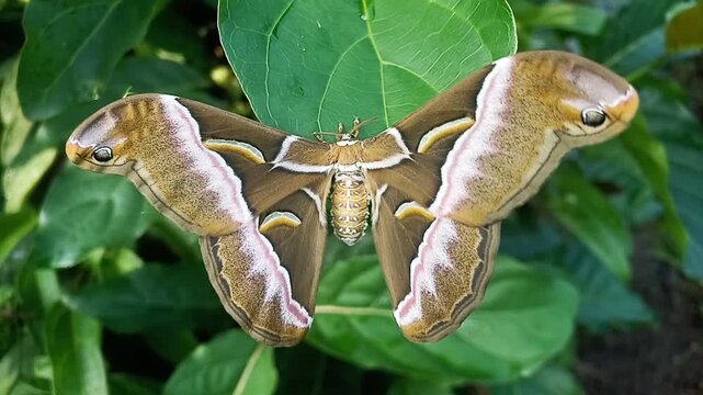 A giant moth perches on a green leaf, showing its upper wings. Slow-motion footage, panning from left to right.