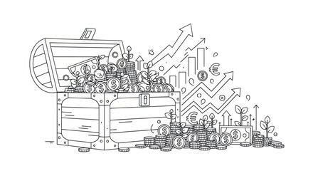 Obraz premium Treasure Chest Overflowing with Coins and Growth Charts