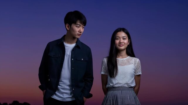 Young Couple in Twilight: A young Asian couple stands together against a twilight sky, conveying a sense of quiet intimacy and shared moments.