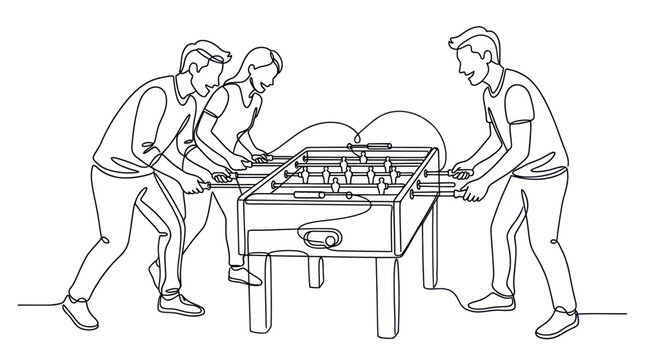 Friends playing foosball game, continuous line drawing, fun activity, friendly competition