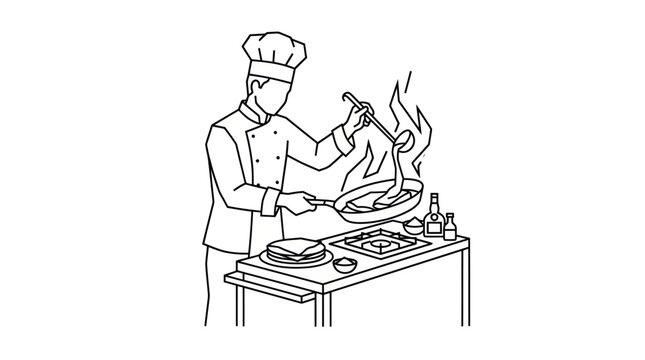 Chef cooking fish in a pan with flames on a gas stove, line art illustration.