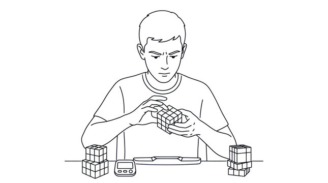Teenager solving a speed cube puzzle, focused concentration, timed competition