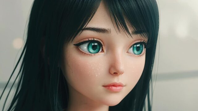 AI anime girl portrait, large blue eyes, dark hair, serene expression, digital art