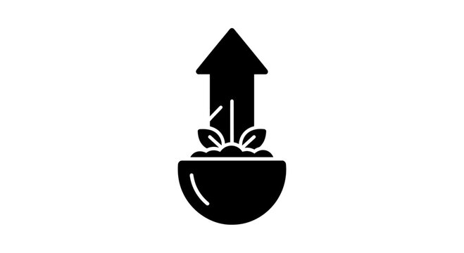 Growth and Development Icon: Plant Sprout Emerging from Bowl with Upward Arrow