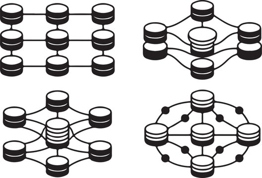 Database icon set, server storage system, network cloud computing, data technology.