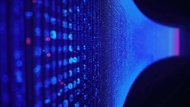 Glowing digital data stream tunnel with binary code and colorful gradient numeric lights