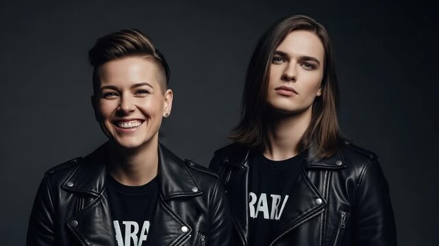 Portrait of a young stylish nonbinary couple wearing black leather jackets and t-shirts against a dark grey background