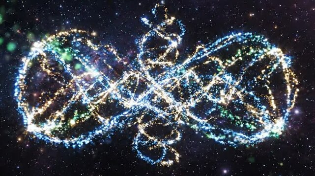 Abstract Infinity Symbol Made of Cosmic Lights Particles and DNA Strands