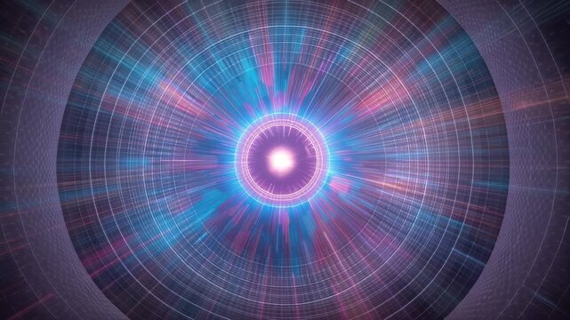 Radiant concentric energy burst neon blue magenta with glowing circular core and dynamic motion