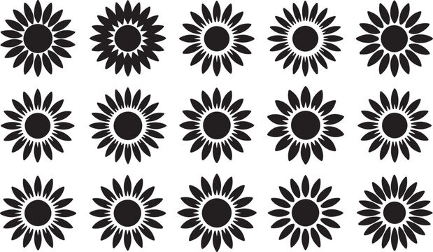 Seamless pattern of black sunflower like flowers on checkered background.