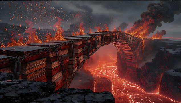 Bridge made of books over fiery abyss, knowledge, learning and overcoming obstacles concept