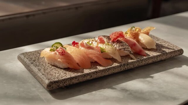Fresh nigiri sushi assortment on stone platter with delicate sashimi garnish and warm rice lighting