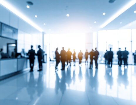 Blurred business people in modern lobby, bright office interior, corporate networking, conference reception, meeting