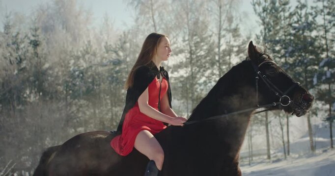 Beautiful young woman in red dress riding a black horse in winter