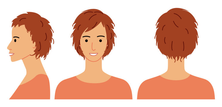 Shag hairstyle flat vector front back profile views, layered hair shape messy texture composition for avatar, beauty app, interface, fashion illustration