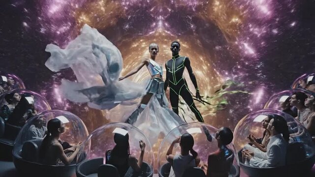 Futuristic models perform for audience in immersive cosmic environment