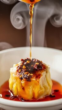 Gourmet Shumai Dim Sum with Spicy Sichuan Chili Oil Sauce Pouring Over It, Steaming Hot Appetizer