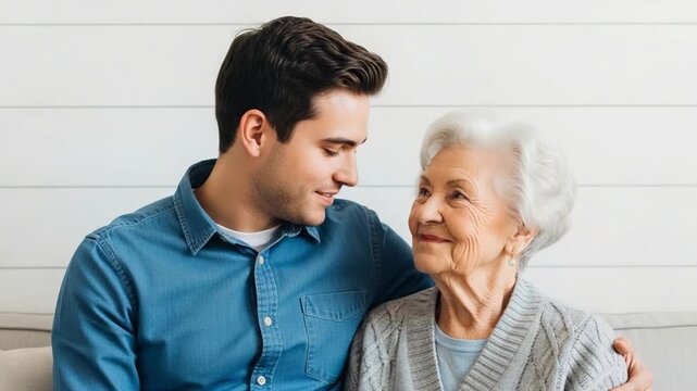 Young man and elderly grandmother smiling together at home, intergenerational family bonding and caregiving concept